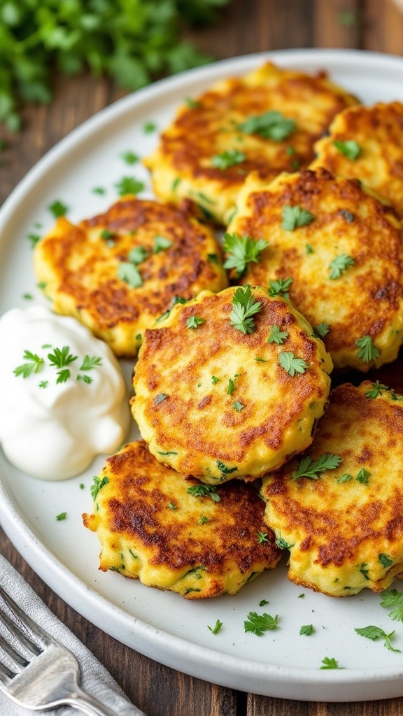 Crispy zucchini fritters on a plate with sour cream and herbs.